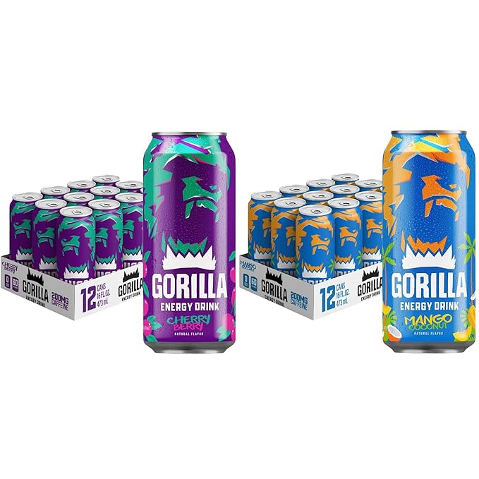 Gorilla Energy Drink Mango Coconut &amp Cherry Berry 200mg Natural Caffeine Real Fruit Juice Squeezed &amp Concentrated No Added Sugar and No Artificial Colors 24 Cans