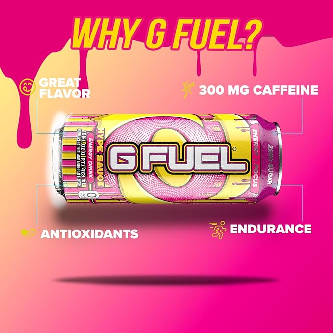 G Fuel Energy Drink Raspberry Lemonade Sugar Free Beverage with 300mg Caffeine Daily Energy Boost with Focus Amino Vitamin + Antioxidants 16 oz Cans (Hype Sauce 12-Pack)