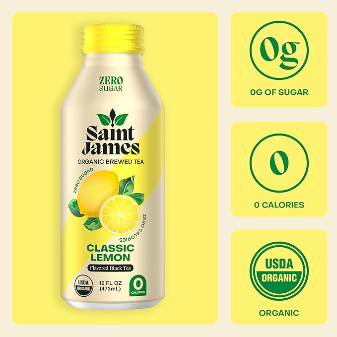 Saint James Iced Tea - Organic Black Tea - Non-GMO Gluten Free Zero Calorie Zero Sugar - Classic Lemon 12 Pack (16 fl oz each)