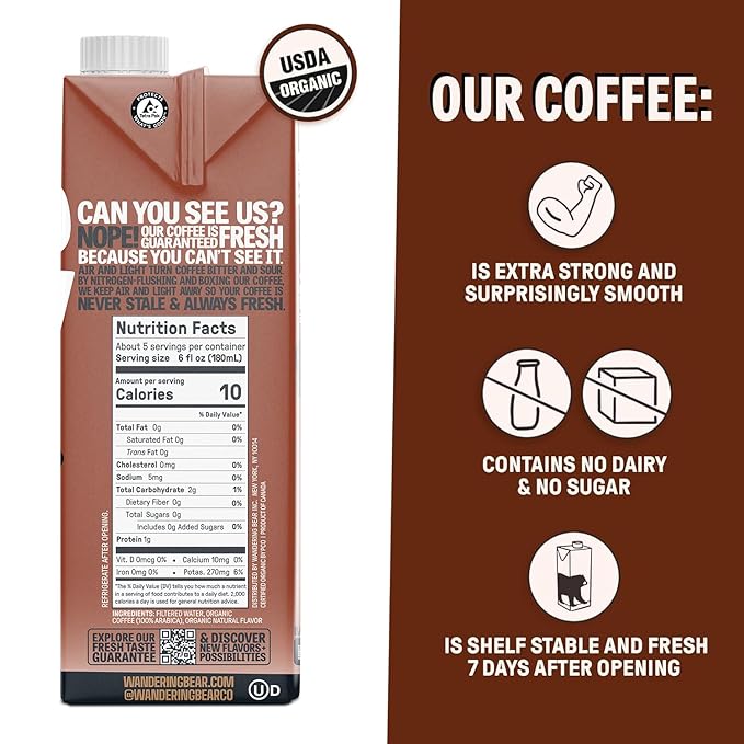 Wandering Bear Organic Mocha Cold Brew Coffee - Strong Bold Smooth Unsweetened Shelf-Stable Ready to Drink Gluten Free &amp Vegan Iced Cold Brewed Coffee Drink - 32 fl oz 6 pack