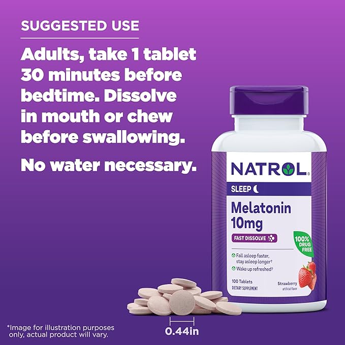 Natrol Fast Dissolve Melatonin 10 mg Melatonin Supplements for Restful Sleep Sleep Support for Adults 100 Strawberry-Flavored Melatonin Tablets Up to a 100 Day Supply