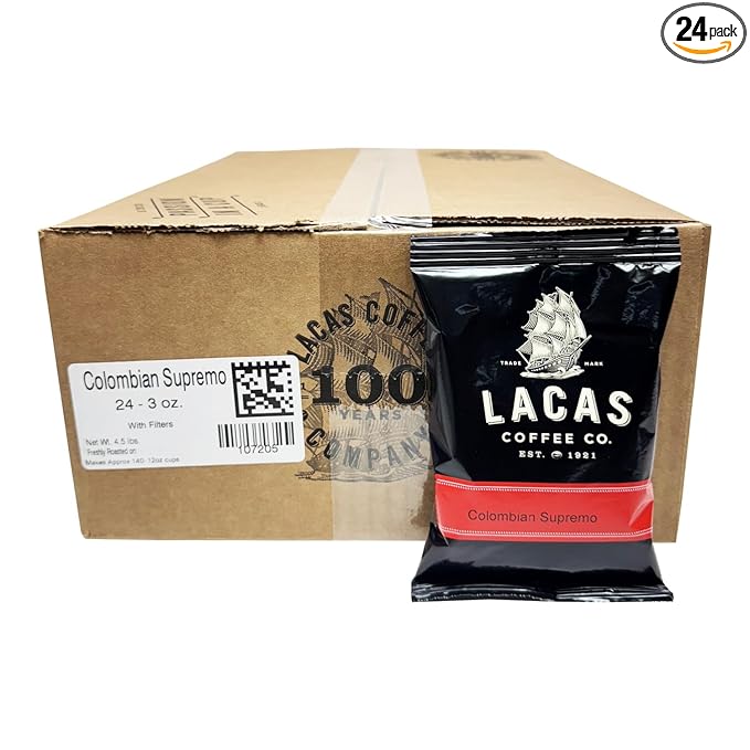 Lacas Coffee Colombian Supremo Ground Coffee Medium Roast 24 x 3oz Fractional Packs with Filters – Single Origin from Huila Pre-Portioned for 64oz Brew Pots