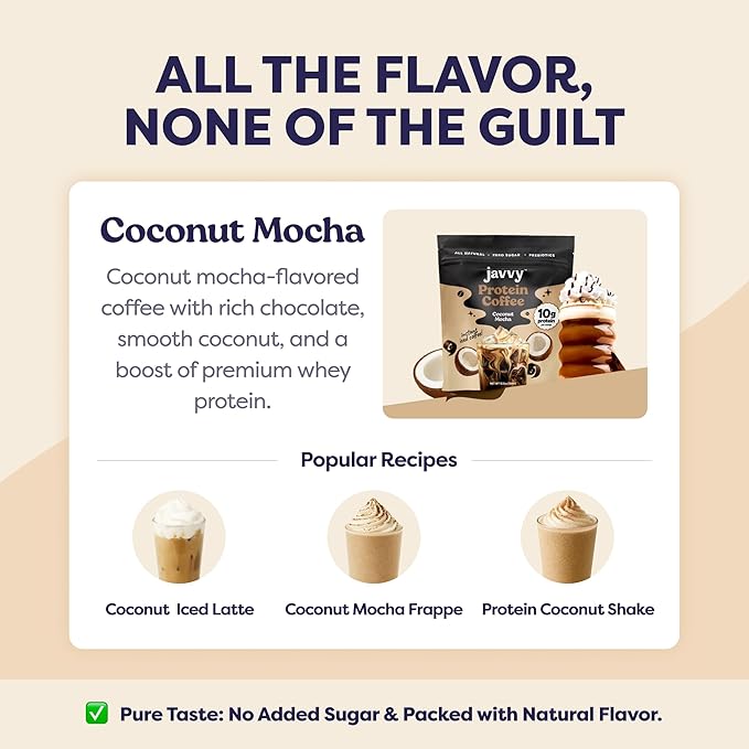 Coconut Mocha Protein Iced Coffee - Premium Whey Protein &amp Instant Iced Coffees - 100% Natural Cold Brew - Zero Artificial Flavors &amp Sweeteners 80 mg Caffeine No Added Sugar 20 Servings