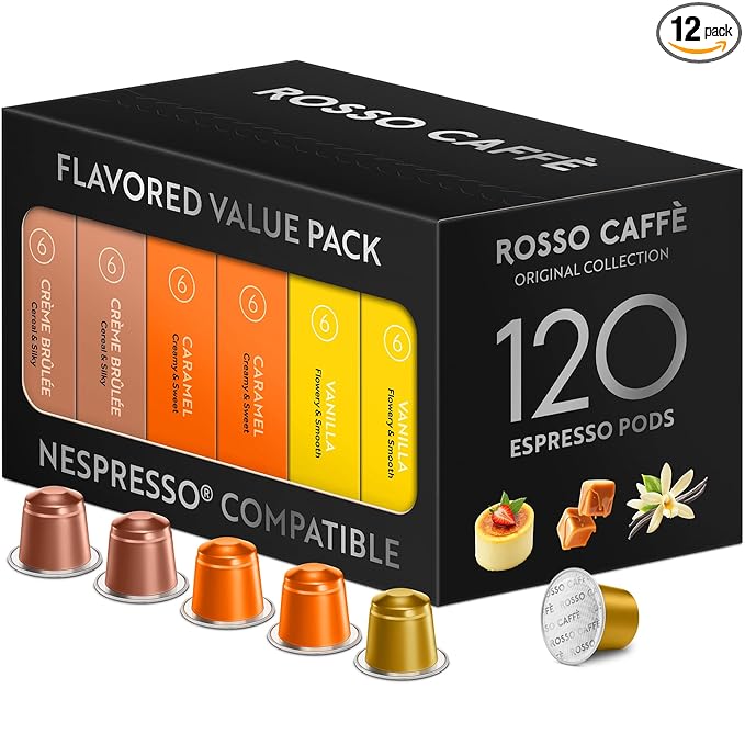 ROSSO CAFFÈ 120 Espresso Coffee Pods for Nespresso Original Machines - Value Pack of Premium Flavored Capsules 3 Rich and Balanced Desert Coffees (Vanilla Crème Brulee Caramel)