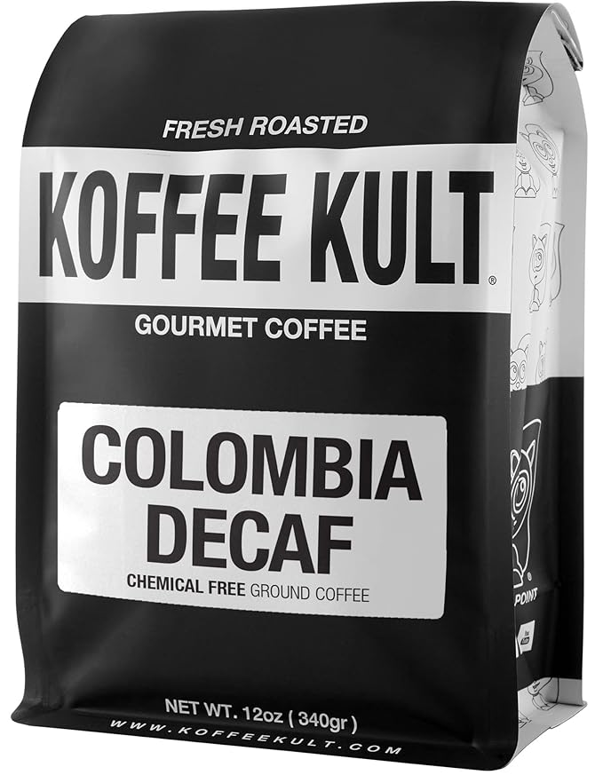 Koffee Kult Colombia Decaf Coffee Ground Decaffeinated Medium Roast 100% Arabica Whole Bean Naturally Swiss Water Process Chemical Free Espresso (Ground 12oz)