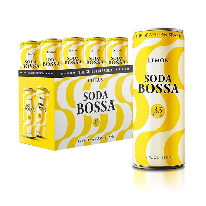 Soda Bossa Sparkling Lemon Flavor Low-Calorie Gluten Free &amp Guilt-Free Drink - Natural Craft Soda - 8-12 FL OZ Cans/Box (Pack of 1 Box)
