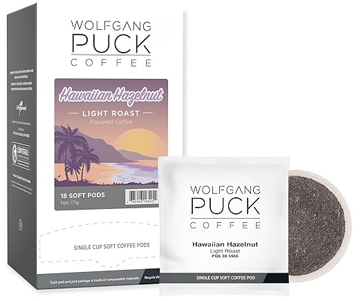 Wolfgang Puck Coffee Hawaiian Hazelnut Flavored 9.5 Gram Soft Pods 18 Count (Pack of 6)