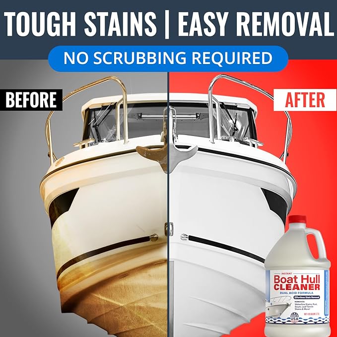 [1 Galllon] Instant Boat Hull Cleaner - Made in USA - Powerful Dual Acid Formula Easily Removes Scum Lines Rust Stains Hard Waterlines &amp More from Fiberglass Gelcoat &amp Painted Boat Surface