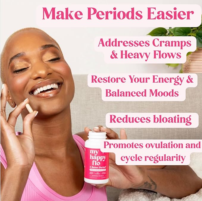 My Happy Flo PMS Support Supplement for Women with Iron PMS Relief Hormone Support for Women 10-in-1 PMDD Supplements for Women | DIM &amp I3C Indole-3-Carbinol for Cramp Relief Heavy Flow - 60 Ca