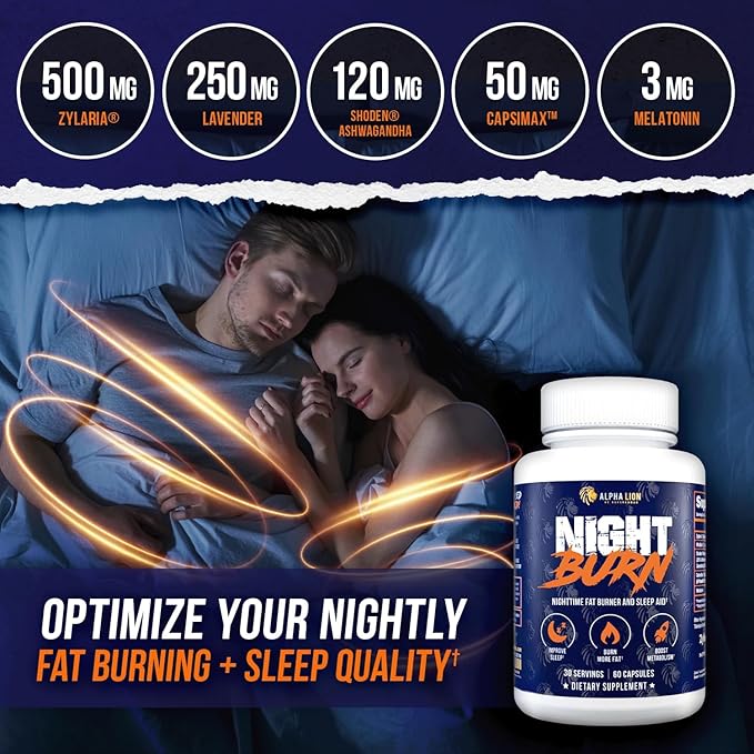 ALPHA LION Night Burn Metabolism Booster for Weight Loss Less Body Fat More Muscle Promotes Lean Body Calorie Burning Supplement Relax Better Promote Healthy Cortisol (60 Capsules)
