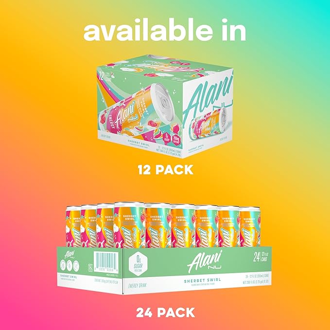 Alani Nu SHERBET SWIRL Sugar Free Low Calorie Energy Drinks 200mg Caffeine Biotin B Vitamins Zero Sugar 10 Calories 12 Fl Oz Cans 12 Pack