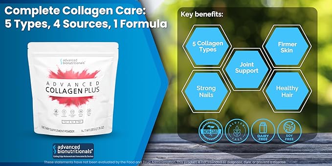 Advanced Collagen Plus Powder – 5 Types of Collagen (I II III V X) with Biotin &amp Chondroitin Sulfate – Supports Skin Hair Joints &amp Nails – Unflavored Easy-Mix Formula