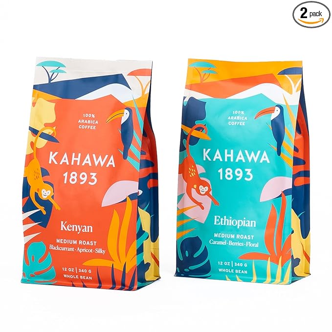 Kahawa 1893 Whole Bean Coffee Combo Pack Kenyan &amp Ethiopian Blend (12 Oz x 2) - As Seen on Shark Tank High Antioxidants Naturally Sweet Organically Grown Ethically &amp Sustainably Sourced