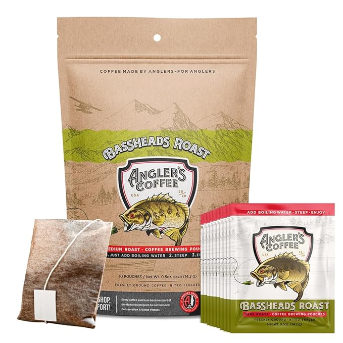 Angler’s Coffee Bassheads Single Serve Med-Roast Fresh Brew Coffee Pouch - Carefully Roasted Freshly Ground &amp Nitro-Flushed Quality Coffee - Just add Water - 10 ct