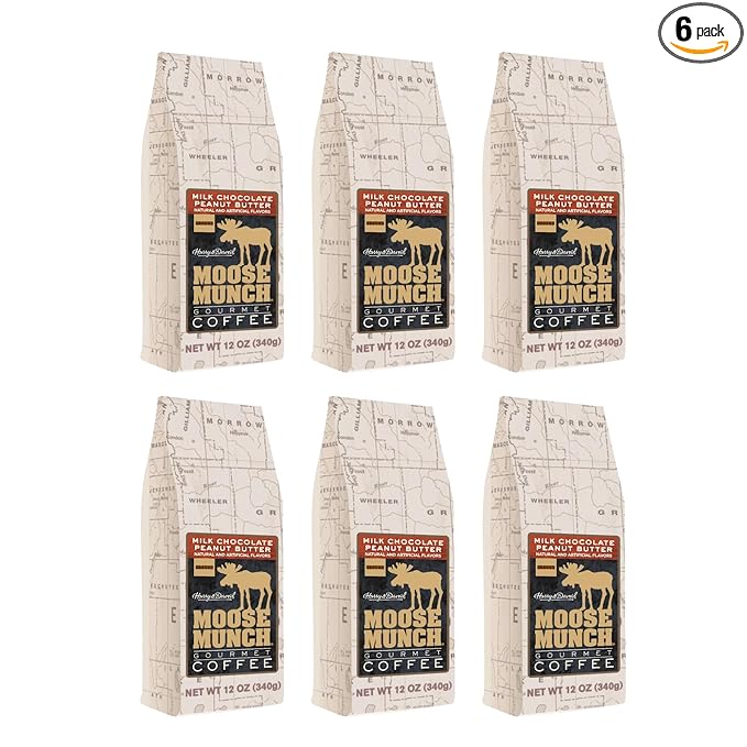 Moose Munch Gourmet Coffee by Harry &amp David Milk Chocolate Peanut Butter Flavored Ground Coffee - 12 Ounce Bag (Case of 6)