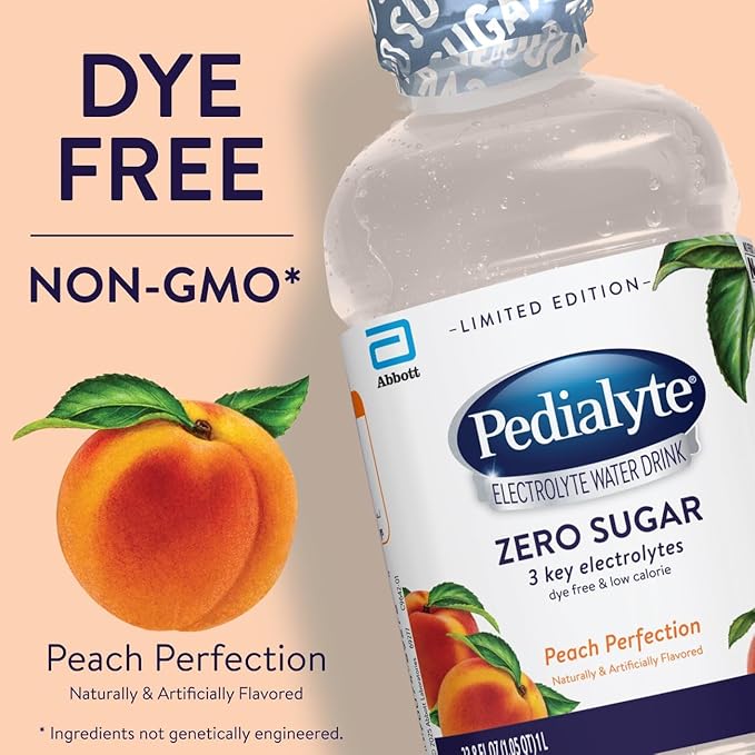 Pedialyte Electrolyte Water With Zero Sugar | Hydration With Key Electrolytes | Hydration Low in Calories | Peach Perfection 1 Liter Pack of 4