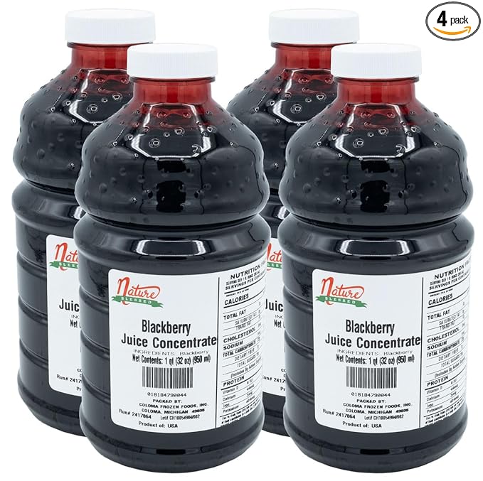 Nature Blessed 100% Pure Blackberry Juice Concentrate - 4 Quarts (4/32 fl oz bottles) Especially good for Home Vintners Home Brewers Smoothies a Refreshing Drink or Making Jelly