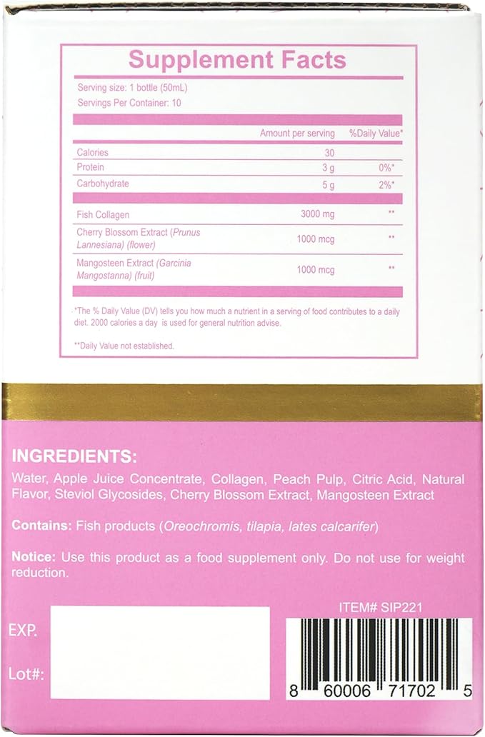 Sakura Collagen Drink - 3000mg Marine Peptides Liquid Shot for Women and Men Hydrolyzed with Cherry Blossom &amp Mangosteen Extract Supports Skin Hydration Hair &amp Nail Health – 1.69 fl oz x10