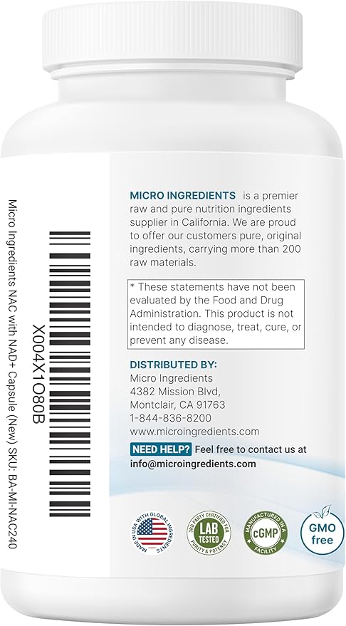 Micro Ingredients NAC with NAD+ 240 Vegetarian Capsules | 1200 mg Per Serving | 2-in-1 N-Acetyl-L-Cysteine with Nicotinamide Adenine Dinucleotide | Non-GMO cGMP Manufactured