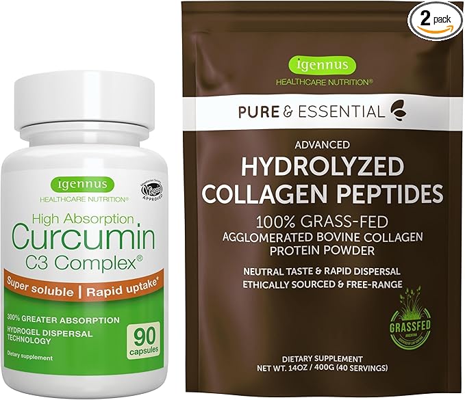 100% Grass-Fed Bovine Collagen Powder + High Absorption Curcumin C3 Complex Sport &amp Recovery Bundle 300% Greater Absorption Curcuminoids with Rapid Uptake by Igennus