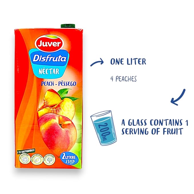 Juver Disfruta Sugar-Free Spanish Peach Fruit Drink 2 Liters (67.6 fl oz). Natural Peach Nectar No Added Sugars 6 Pack Box Delicious Healthy Nectar Drink – Made from Premium Sun-Dried Spanish Frui