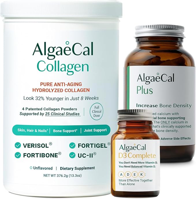 ALGAECAL Calcium Vitamin D3 &amp Collagen Bundle – Hydrolyzed Collagen with Clinically-Supported Verisol Fortibone &amp Fortigel Plus Calcium Vitamin ADEK &amp Trace Minerals for Bone Health &