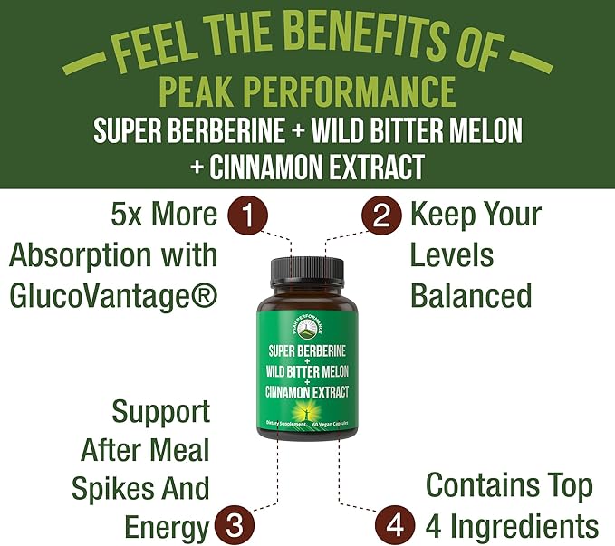 Ultra High Strength 4-in-1 Super Berberine Patented GlucoVantage + Wild Bitter Melon + Cinnamon Extract + Chromium Picolinate Vegan Capsules. Great Supplement to Support After-Meal Spikes and Energy