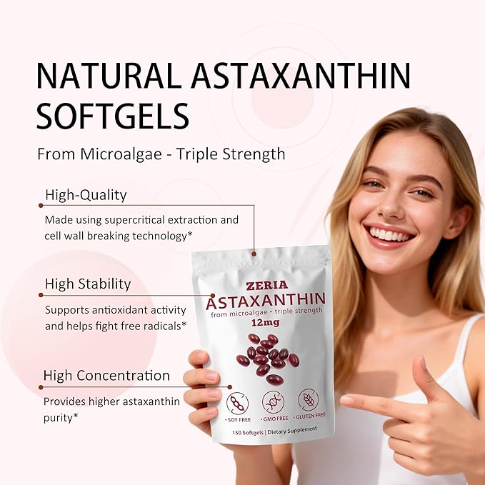 ZERIA Astaxanthin 12mg 150 Softgels - Natural Microalgae Antioxidant for Eye Skin &amp Immune Support 4-Month Supply