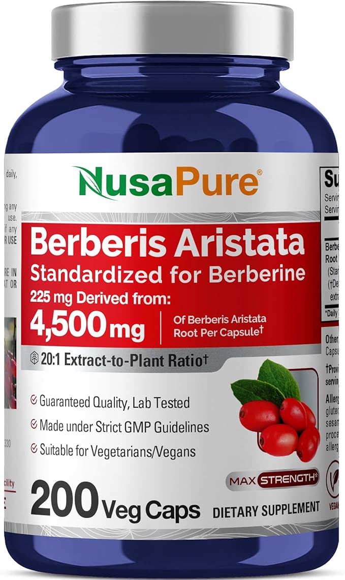 NusaPure Berberine HCI 20:1 Extract 225 mg Equivalent to 4500mg - 200 Veggie Caps - (Vegetarian Non-GMO Vegan)