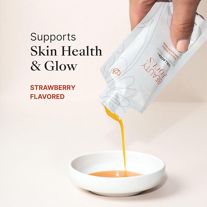 Nu Skin Beauty Focus Collagen+ | Marine Collagen Liquid Supplement with Lutein &amp Wheat Lipids | Supports Skin Hydration Elasticity &amp Smooth Appearance | 30 Pouches | Strawberry