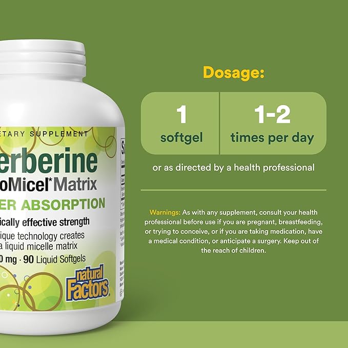 Natural Factors Berberine LipoMicel Matrix - Daily Supplement Supports Metabolic Health - Formula Supports General Health - Gluten-Free &amp Dairy-Free - 90 Liquid Softgels (90 Servings)