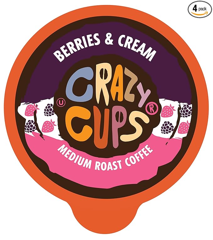 Crazy Cups Flavored Coffee Pods Berries &amp Cream Single Serve Keurig K Cups Machines Hot or Iced &amp Medium Roast Coffee in Recyclable Pods (88 CountPack of 4)
