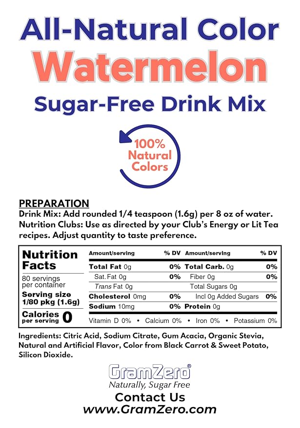 GramZero Watermelon Zero Calorie Sugar Free Drink Mix Great For Nutrition Club Loaded Teas Stevia Sweetened
