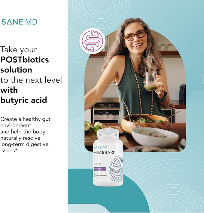SANE MD - Viscera 3 Postbiotics with Tributyrin - Sodium Butyrate Supplement for Gas and Bloating Relief - Gut Health - IBS &amp Leaky Gut Butyric Acid Supplement - NSF Certified - 30 Capsules