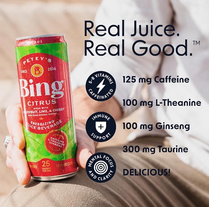 BING Citrus Energizing Juice Beverage – Grapefruit &amp Lime (12oz/12pk) – Made with REAL Juice! Only 2g added Sugar Low Calorie L-Theanine + Ginseng+ Caffeine + Taurine Vegan Gluten + Dairy Free