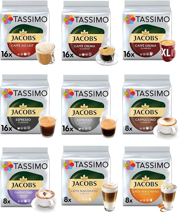 Tassimo Coffee Tea Chocolate Pods. Pick Any 3 Packs from 50+ Blends Including Kenco Costa Jacobs Hot Chocolate Chai latte Baileys Cadbury Milka Oreo Cafe Hag and More.