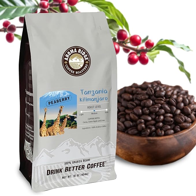 Aroma Ridge Tanzania Peaberry Coffee Mount Kilimanjaro Freshly Roasted Medium Whole Bean 16oz