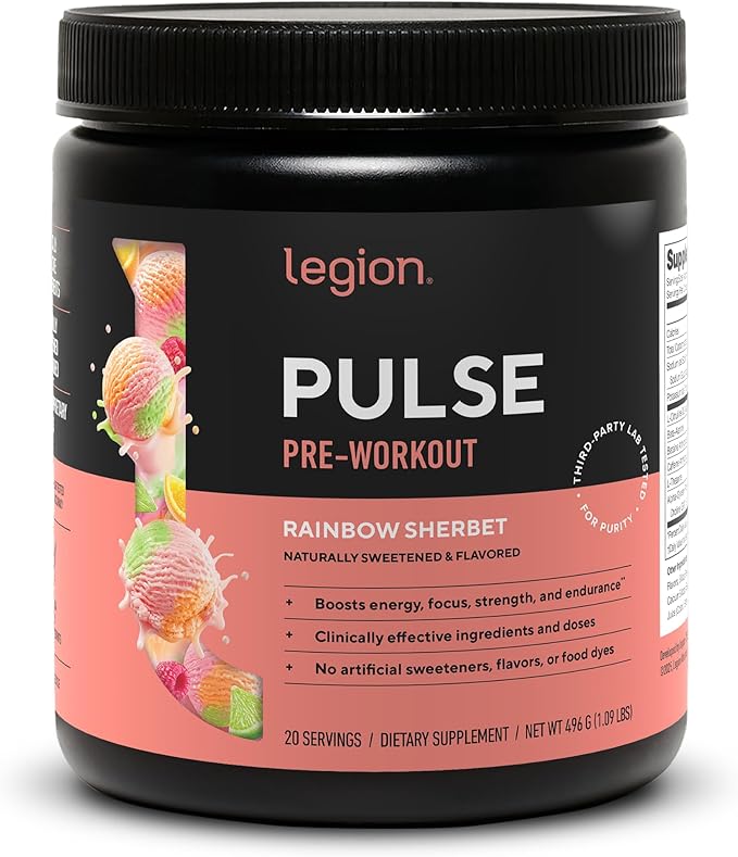 LEGION Pulse Pre Workout - All Natural Nitric Oxide Preworkout Drink to Boost Energy Creatine Free Naturally Sweetened Beta Alanine Citrulline Alpha GPC (Rainbow Sherbet)