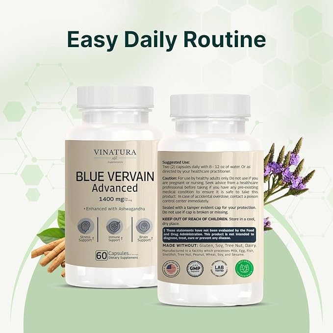 VINATURA Blue Vervain Advanced with Ashwagandha - 1400mg per serv Blue Vervain Capsules Blue Vervain Tea Alternative Brain Health Stress Relief Ashwagandha Supplements - 60 Capsules