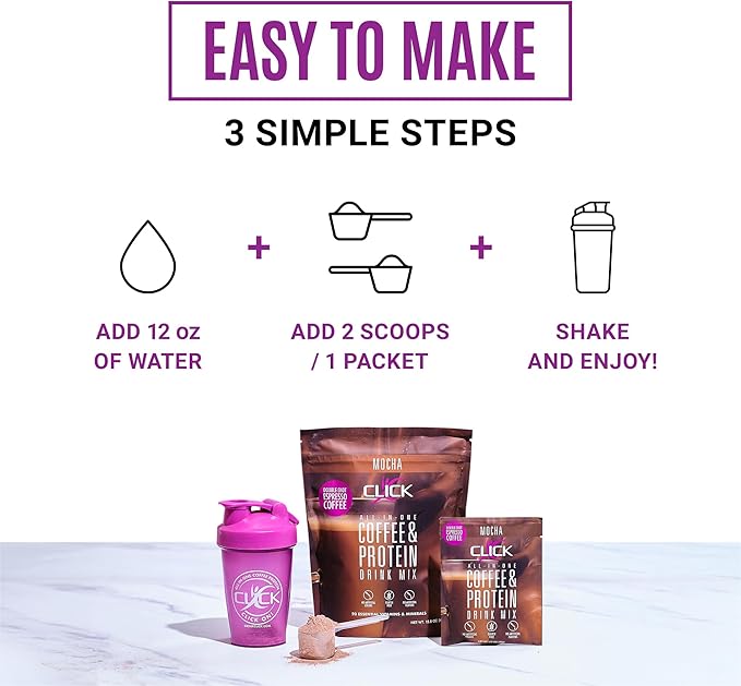 Click Coffee Protein Protein &amp Real Coffee All-in-One Meal Replacement Nutrition Drink Mocha Flavor 23 Essential Vitamins Double Shot Espresso Coffee Hot or Cold 15.8-Ounce