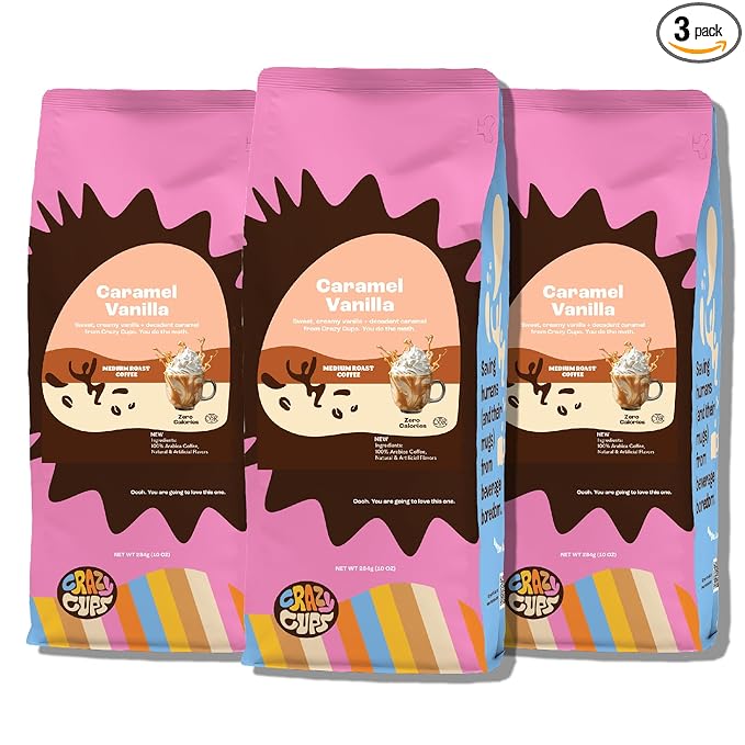 Crazy Cups Flavored Ground Coffee Caramel Vanilla For Brewing Flavored Hot or Iced Coffee 3 Pack