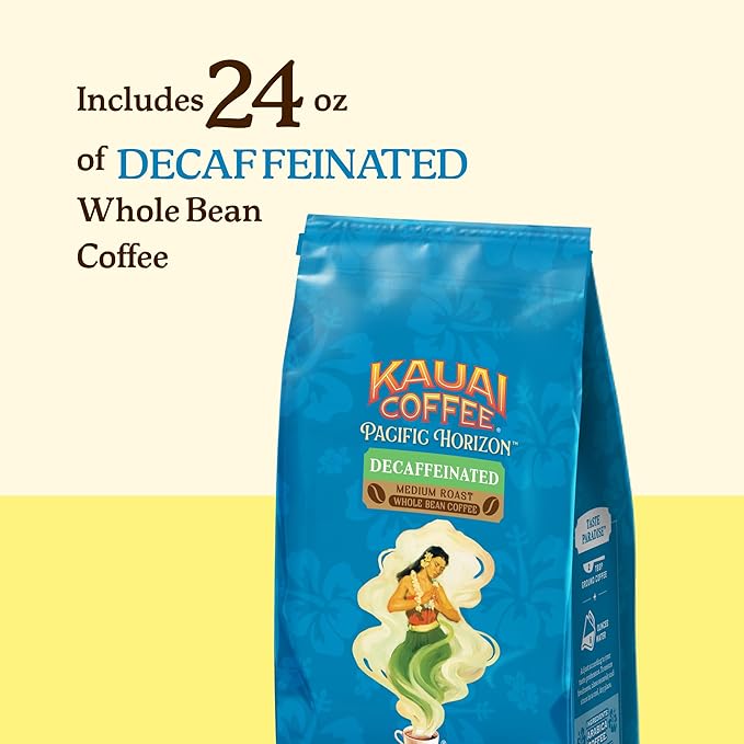 Kauai Coffee Whole Bean Coffee – Smooth Non-Bitter Medium Roast Pure Arabica – Floral Notes and Bright Aroma – Grown on Hawaii's Largest Coffee Farm – Decaf 1 Pack of 24oz