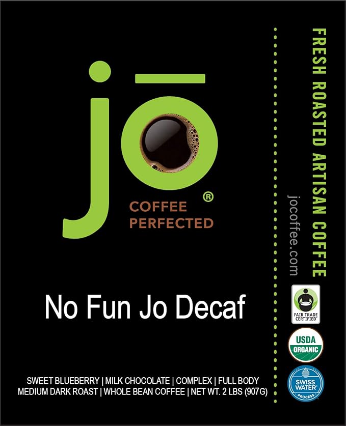 NO FUN JO DECAF: 2 lb Organic Decaf Coffee Whole Bean Swiss Water Process Fair Trade Certified Medium Dark Roast 100% Arabica Coffee Great for Espresso Chemical Gluten Free by Jo Coffee®