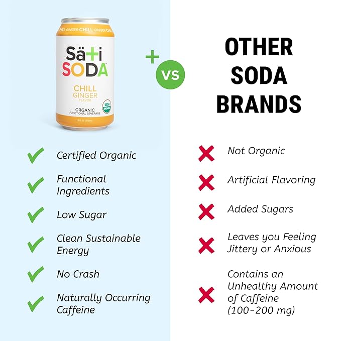 Sati Soda Ginger – Functional Ginger Soda with Chamomile – Low Sugar (9g) Organic Sparkling Drink for Calm &amp Digestion – Healthy Soda Alternative – 12 Pack