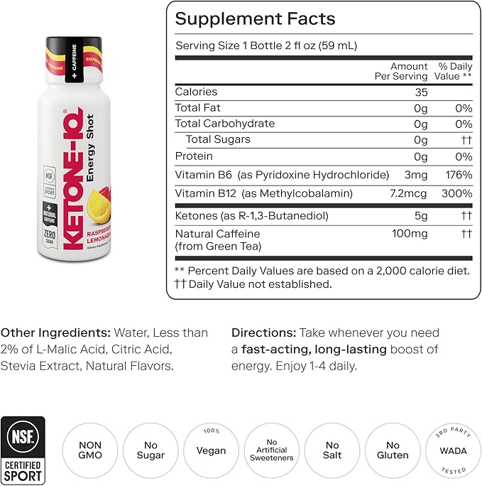 Ketone-IQ Ketone Energy Shots - 100mg Green Tea Caffeine 5g Exogenous Ketones and B Vitamins - 24 On The Go Caffeine Shots - Fast Acting Energy Drink (Raspberry Lemonade)