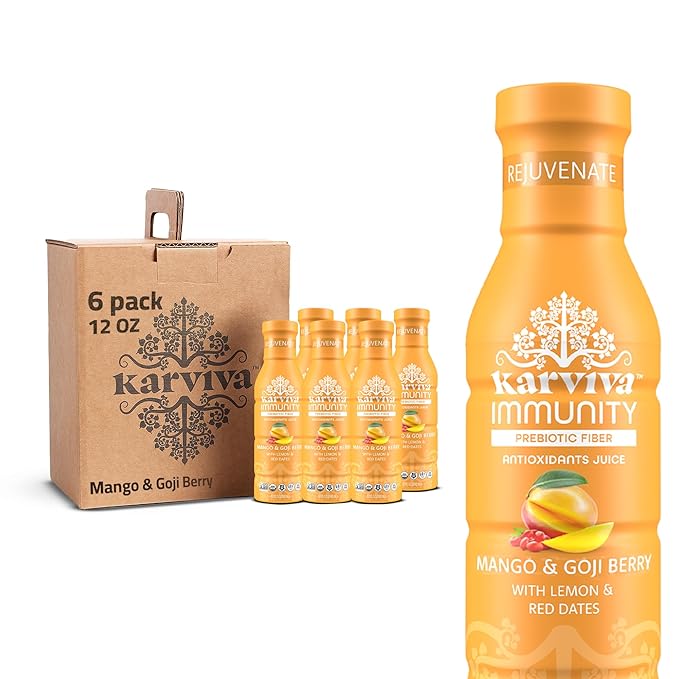 KARVIVA Rejuvenate Immunity Organic Juice Ancient Beauty Tonic Mango &amp Goji Berry Natural Electrolytes &amp Antioxidants Low Sugar Low Carlories 12 fl oz Bottles (6 Pack)
