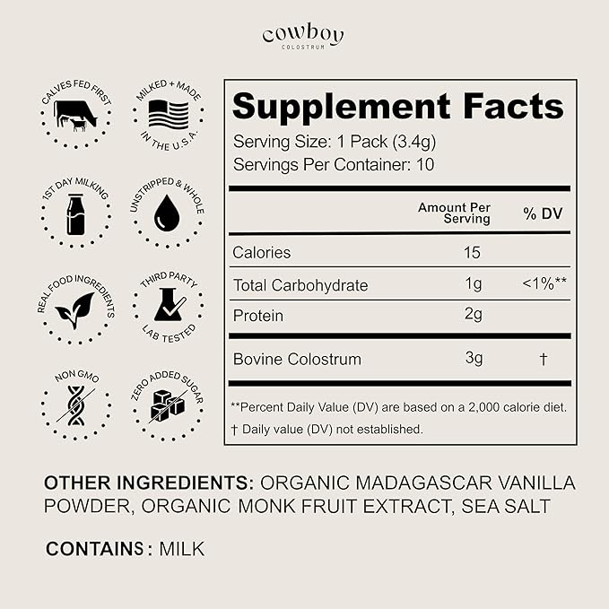 Cowboy - The Exclusive 1st Milking Whole Grass Fed Colostrum Supplement for Full Body Health - Bovine Colostrum Powder Packed w/Bioactive Nutrients (10 Travel Packs - Vanilla)