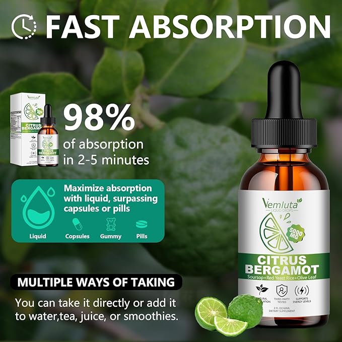 2 Packs 5000mg Citrus Bergamot Liquid Drops-2X Absorption- Cholesterol Lowering Supplement w Soursop Red Yeast Rice Olive Leaf Hight Cholesterol -Soursop Bitters Liquid-Heart &amp Immune Support