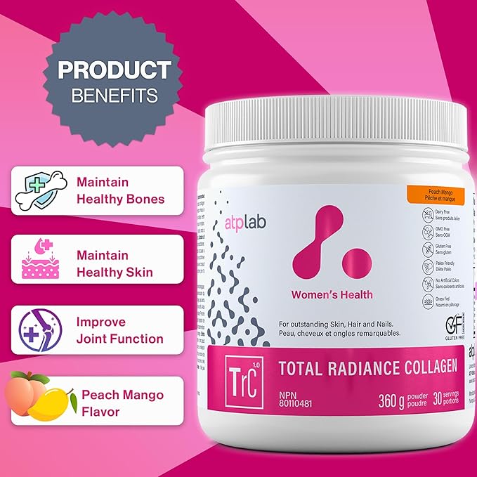 ATP LAB Total Radiance Collagen - Peach Mango Flavor 360g - Collagen Peptides Powder for Women - Hydrolyzed Collagen Protein Supplement with Biotin