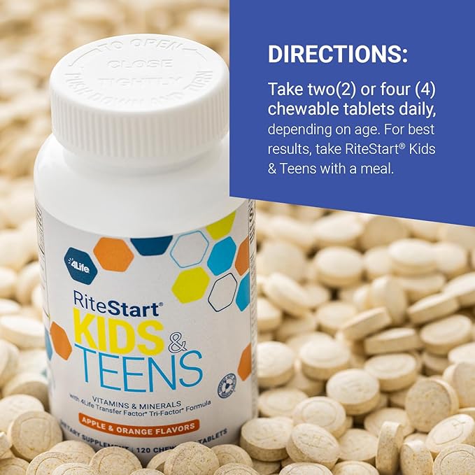 4Life RiteStart Kids and Teens- Apple Orange Flavors 22 Essential Vitamins Minerals Immune System and Brain Support Ages 2+ - 120 Chewable Tablets